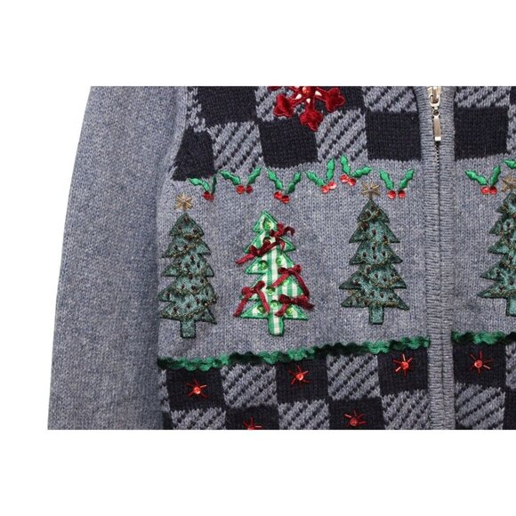 Vintage 90s Holiday Christmas Sweater Small Ramie Wool Zip Embroidered Beaded - Picture 6 of 14